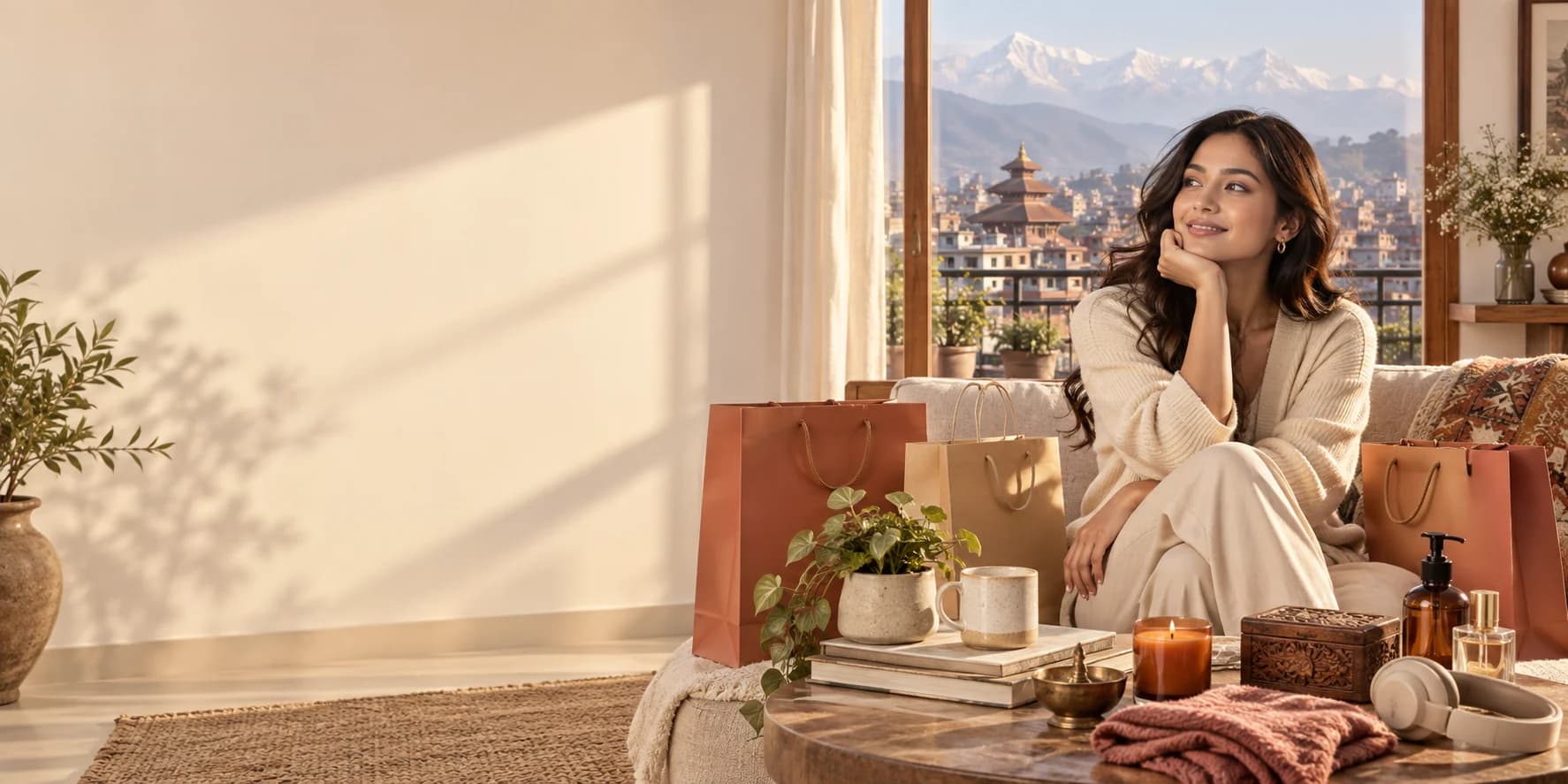 A stylish MeroPasal customer in a sunlit Kathmandu home